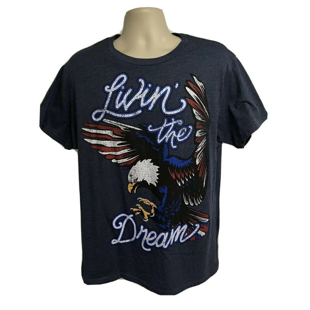 Patriotic Livin' The Dream Blue Graphic T-Shirt XL Stretch Eagle Red White Blue
